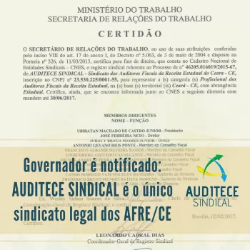 Governador é notificado: AUDITECE SINDICAL é o único sindicato legal dos AFRE/CE