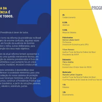 AUDITECE convida para seminário sobre a previdência pública no Brasil, dia 18