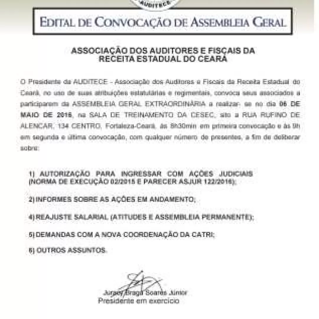 Diretoria convoca Assembleia Geral Extraordinária para o dia 6 de maio